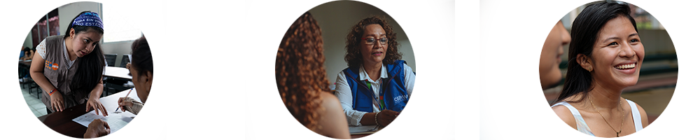 Three pictures in circles. The first one is a woman in a workshop of GBV with a vest of UNFPA, the second one is a woman giving a GBV attention to other woman, the third one is a happy young woman