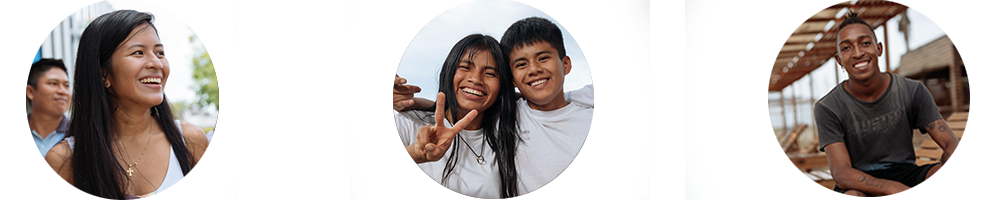 Tres fotografías dentro de 3 círculos. La primera es una joven de Sucumbíos con pelo largo sonriendo, la segunda es de dos adolescentes de Morona Santiago que sonríen, la tercera es de un joven afroecuatoriano de Esmeraldas que tambien sonrie