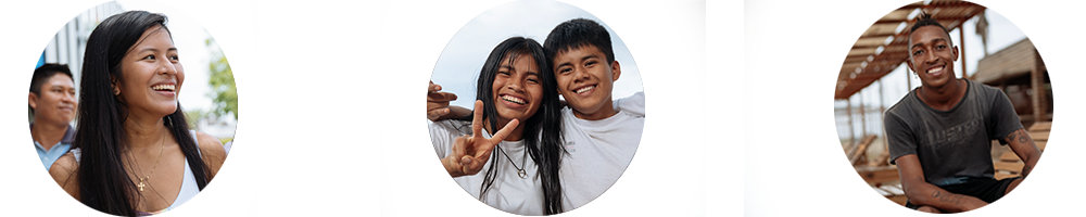 Three pictures in circles. The first one is young woman smiling, the second one is two indigenous adolescents smiling, the third one is a young man from Esmeraldas smiling