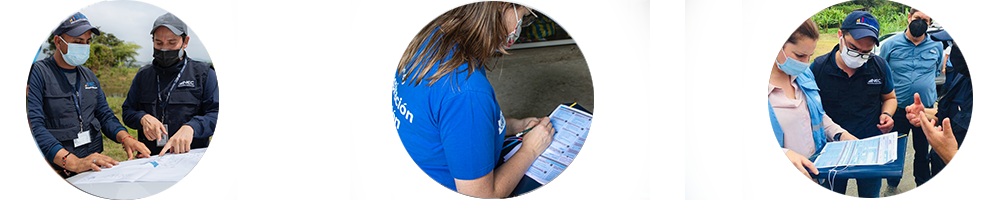 Three photographs within 3 circles showing census takers looking at maps, a person filling out a census form, UN personnel participating in the pilot census in Limon Indanza